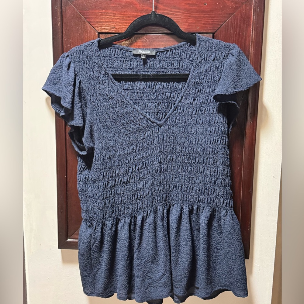 Madewell Navy Blue Smocked Peplum Top, Medium